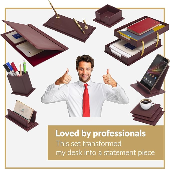 MOOGCO 12-Piece Leather Desk Set — Desk Pad 23.2" x 15.4", Double Document Tray, Pen Holder — Desk Organizer Set for Home Office & Executive Desk Accessories