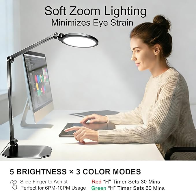 NS Pro LED Desk Lamp with Remote Control, Eye-Caring CRI95+ Dimmable Light, 3000K–6000K Adjustable CCT, Flexible Angle, Clamp or Base Mount, Memory Function Desk Lamp for Office, Reading & Video Calls