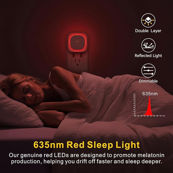 2 Pack Plug in Red Sleep Night Light with Motion Sensor & Dusk to Dawn Sensor, Soft Glow, Dimmable, LED Lights for Bedroom, Sleep, Baby Nursery, Kids, Toddler, Bathroom, Hallway, Home Decor