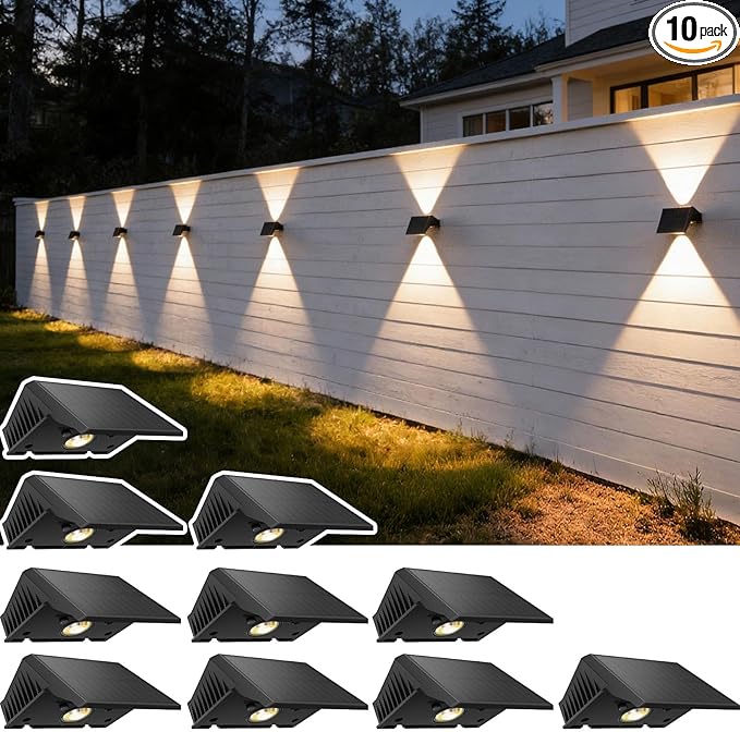 Solar Fence Lights Outdoor, 10-Pack Fence Lights Solar Powered with Up/Down Buttons, IP67 Waterproof for Outside, 120LM Auto Dusk to Dawn for Wall/Patio/Yard/Railing/Deck/Pathway (Warm White)
