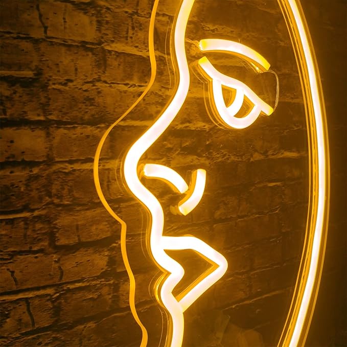 Moon Face Neon Sign Wall Decor, 3D Aesthetic Art Moon LED Sign Light, Retro Night Light, Crescent Led Sign Astronomy Lamp for Bedroom Home Bar Man Cave Parties, Housewarming Gifts - 16"