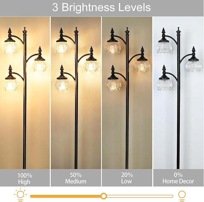 Black Standing Lamps for Living Room 66.5in Floor Lamps with Glass Shade 3 Way Brightness Lights Dimmable Modern Corner Lamp for Bedroom Office(3LED Bulbs Included)