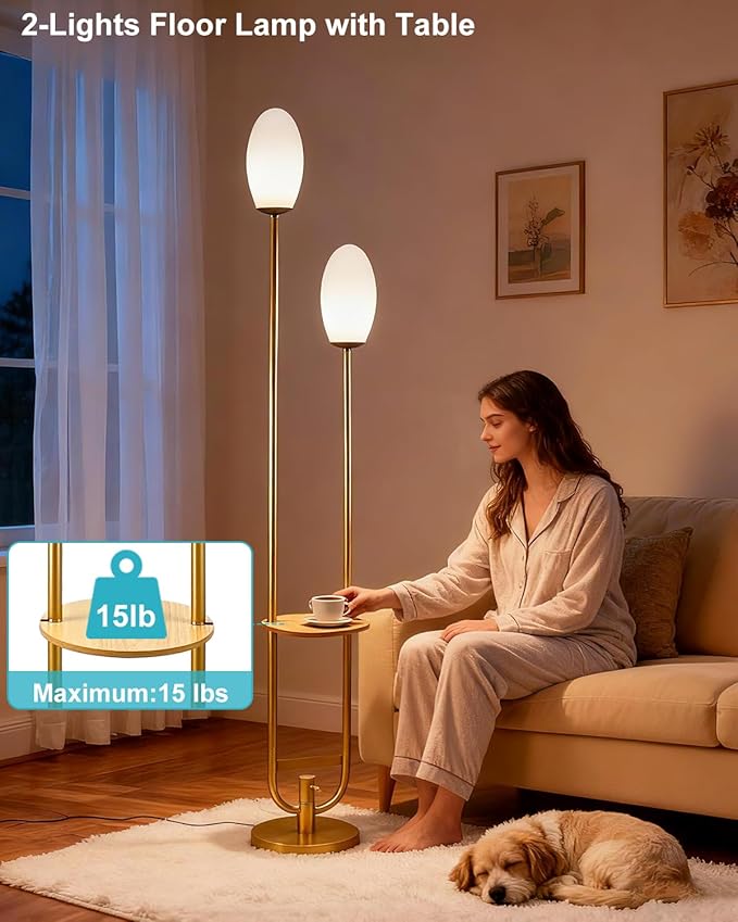 Lightdot Gold Dimmable Floor Lamp with Oval Shades, Unique U-Shaped Tall Standing Lamps with Table& Bulbs Included, Mid Century Modern Floor Lamp for Living Room/Wedding/Party/Sofa Beside/Corner Decor