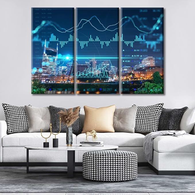 Concept of Internet Trading Brokerage and Analysis Pictures Home Decor 3 Panels Night Skyline Tennessee USA PaintingsWall Art for Bedroom, Room, Office. Print on Canvas Ready to Hang (60"Wx40"H)