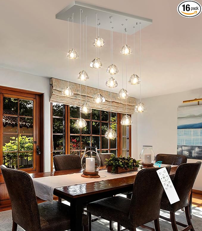 Brushed Nickel Rectangular Chandeliers for Living Dining Room Light Dimmable High Ceiling Pendant Lights Fixtures Lighting Chandelier for Foyer Entryway Lighting