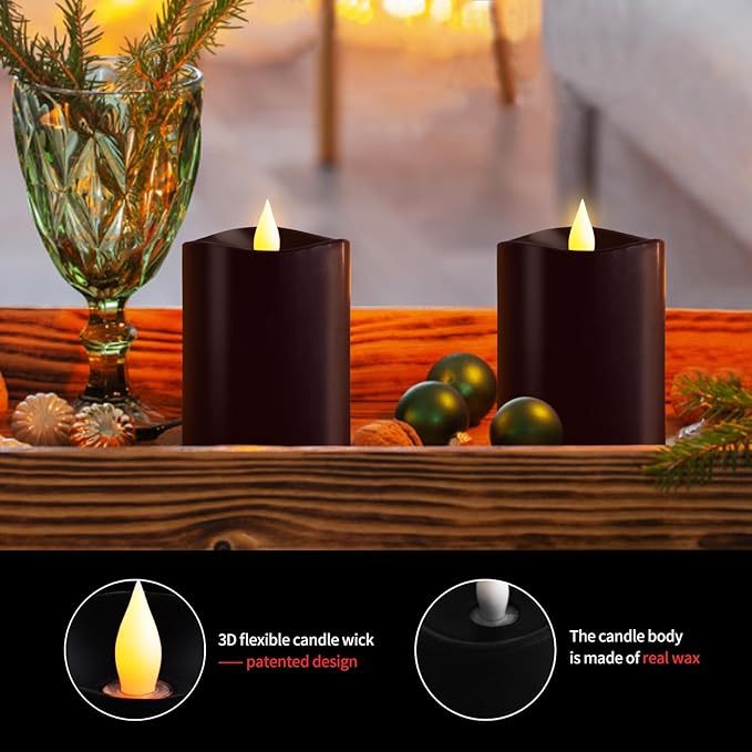 3x4 Flickering Flameless Candles Set of 2, 2AA Battery Life 600 Hours Battery Candles Flickering with Timer,4 inch Flameless Candles with Remote for Home Wedding Party Halloween Decoration, Black