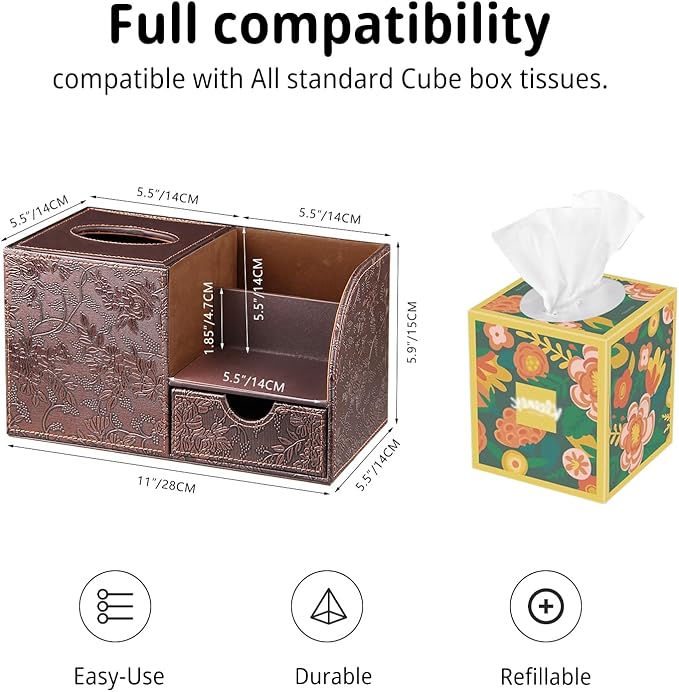 Nightstand Organizer with Tissue Holder,PU Leather Square Tissue Box Cover,Modern Facial Paper Organizer Storage Box for Remote Control,Bathroom,Vanity Countertop,End Table Home Office