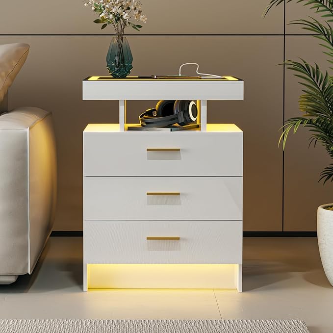 White Night Stand with Wireless Charging Station,Smart Bedside Table with 3 Drawers,Modern Glass Top End Table with 3 Color Dimmable,LED Nightstand for Bedroom