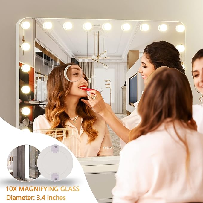 Hasipu Vanity Mirror with Lights, 40" x 29" Hollywood Mirror, Makeup Mirror with 21 Dimmable Bulbs and 10X Magnification, 3 Colors Modes, Touch Control, USB Charging Port, Type-C (Round White)