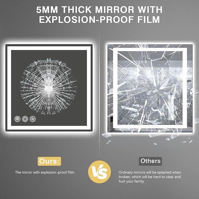 LED Bathroom Mirror 24"x 24" with Frontlit and Backlit, Anti-Fog Bathroom Vanity Mirror,Stepless 3 Colors Temperature & Dimmable Wall Mounted Mirror,Memory Tempered Glass Mirror for Bathroom
