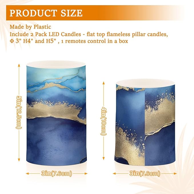 YETTASBIN Blue Marble Flameless Candles with Remote Control and Timer, Adjustable Brightness Long Lasting Battery Operated LED Pillar Candles for Indoor Outdoor Party Holiday Home Decor, 2 Pack