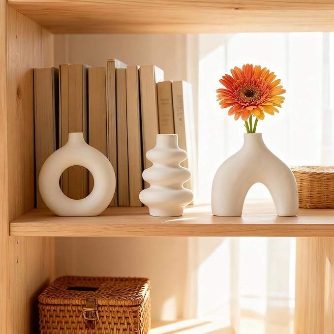 Ceramic 3 Pcs Vase Set,Modern Home Decor Table Centerpiece,Minimalist Nordic Vases, Wedding, Living Room, Bookshelf, Office, Modern Home, Entryway Boho Decor (White)