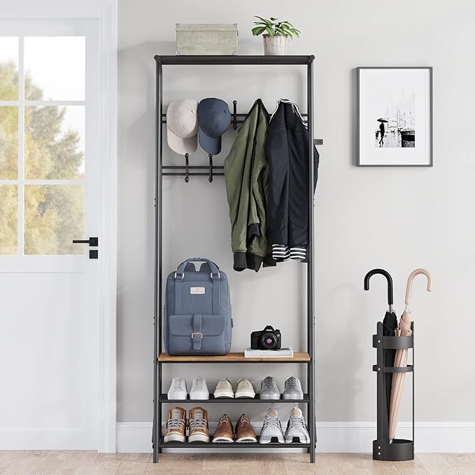 Coat Rack, 4-in-1 Hall Tree, Entryway Shoe Bench Coat Standwith Metal Frame, 3-Tier Shelf and 10 Hooks for Entryway,Hallway, Bedroom