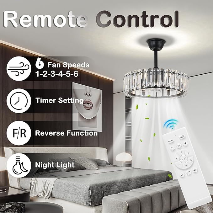Finktonglan Crystal Ceiling Fans with Lights and Remote, 20 inch Modern Fandelier Ceiling Fan with Light Adjustable Height Chandelier Fan for Dining Room Living Room Kitchen, Black