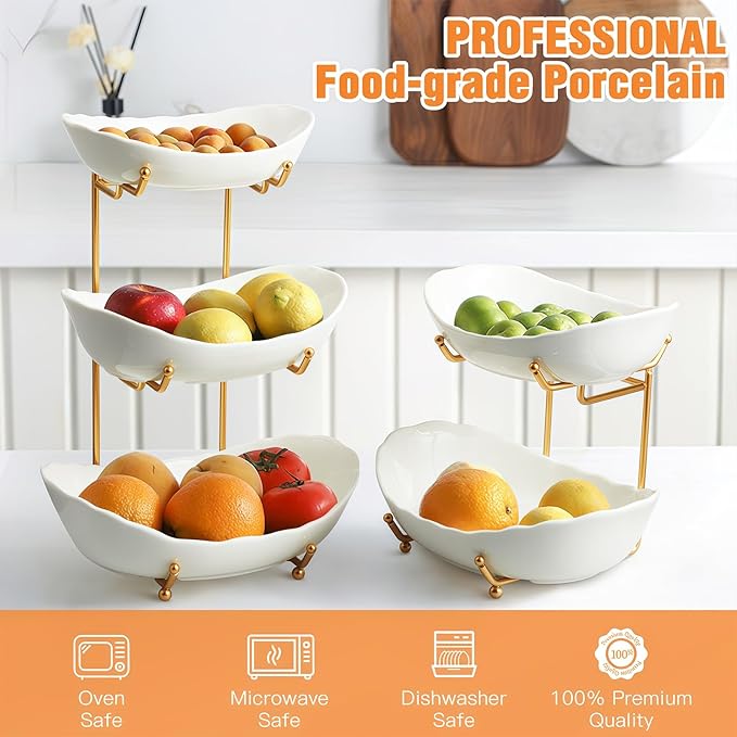 Ceramic Fruit Bowl for Kitchen Counter - 3 Tier Fruit Basket with Metal Stand, Tiered Fruit Stand for Countertop, Snack, Nuts, Cake, Dessert, Cute (Gold, Small)