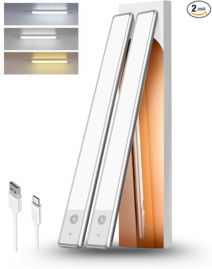 15" LED Cabinet Light with Motion & Light Sensor, Pack of 2 Rechargeable Under Cabinet Lighting, 3 Color Modes 3000K/4500K/6000K, 80 LEDs, 180LM, USB, 2200mAh Battery, Wireless Closet Light