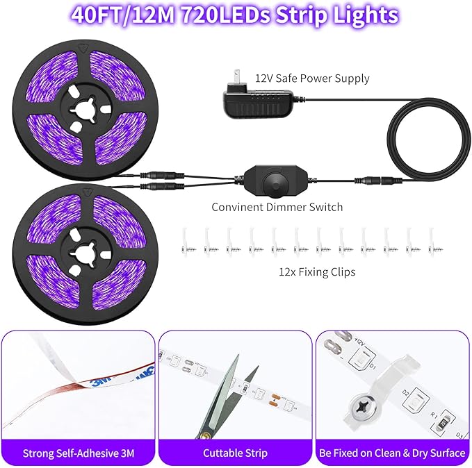 Dimmable Black Light Strip Kit 40ft/12M 720 LEDs, 12V Flexible Blacklight Fixtures, 385nm-400nm, Black Light LED Strips for Glow Party Fluorescent Poster Halloween Indoor Bedroom Decor, Non-Waterproof