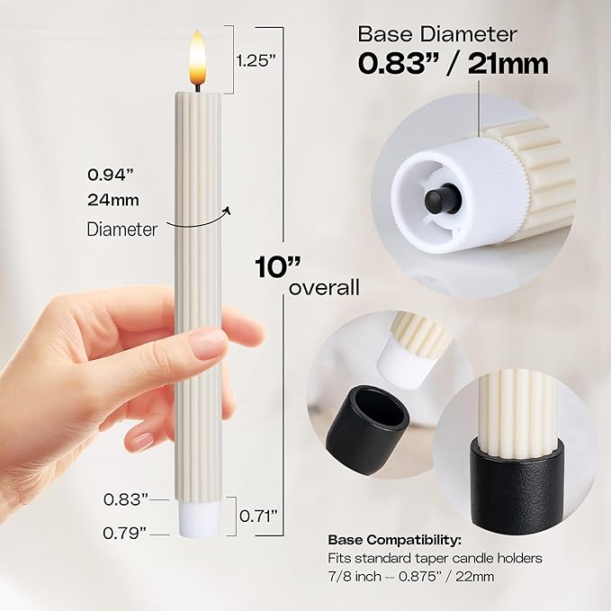 WYZworks 10" Fluted Ribbed LED Cream Beige Grooved Pillar Candles, Remote & 24h Timer Memory, On/Off Switch - Flameless Dimmable Battery Operated w/Flicker Mode, Home Wedding Decor (6 Pack)