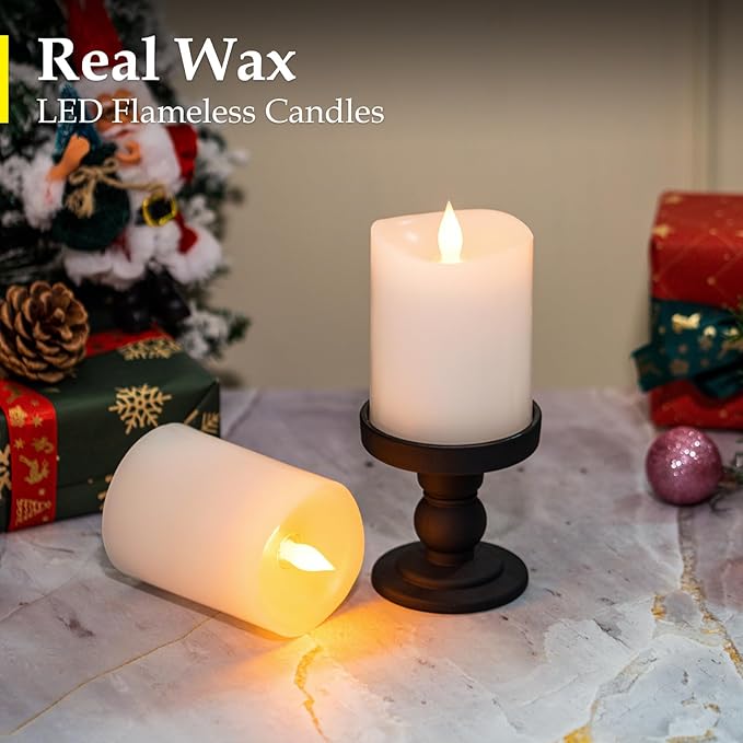 3"x4" Flickering Flameless Battery Candles with Timer, White Realistic LED Pillar Candles, Set of 2 Large Remote-Operated Candles for Home Indoor/Outdoor & Holiday Decor