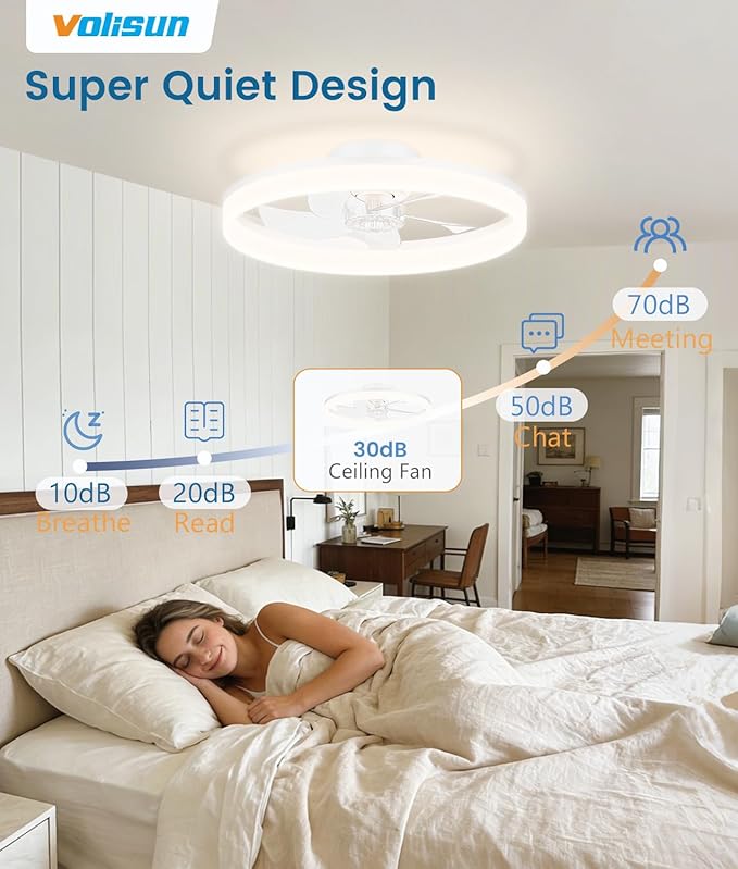 VOLISUN Low Profile Ceiling Fans with Lights and Remote, 20in Fandelier Ceiling Fan Flush Mount, 3000K-6500K Smart Bladeless LED Fan Light, White Modern Ceiling Fans with Lights for Bedroom