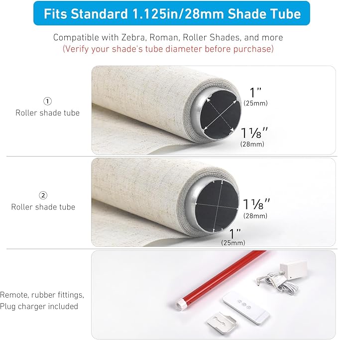 Rollerhouse 28mm(1-1/8 Inches) Round Tube Battery Roller Shade Motor Kit with Remote Control for Electric Window Blinds