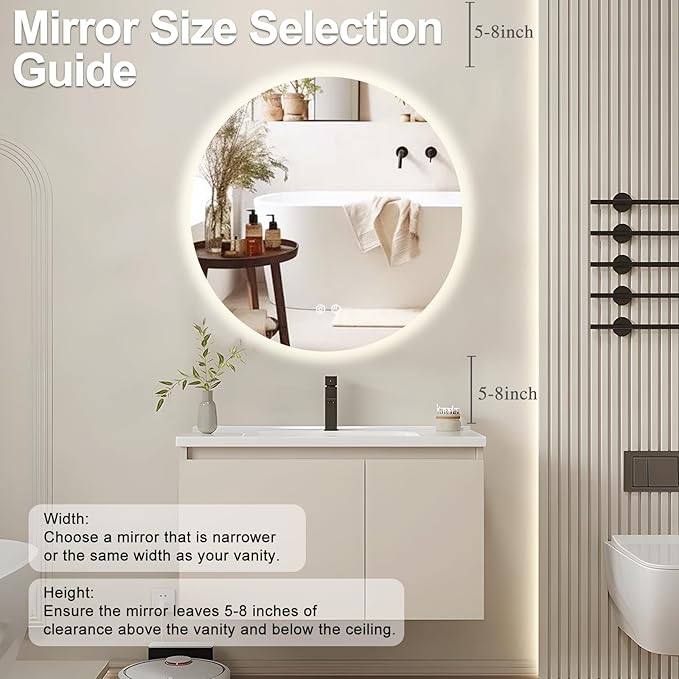 24 Inch Round LED Bathroom Mirror Backlit Anti-Fog 3 Colors Light Dimmable Wall Mounted Lighted Bathroom Vanity Mirror Smart Makeup Mirror with Touch Switch