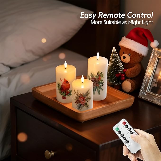 Flameless Pillar Candles with Remote, 3 Pack Battery Operated Real Wax LED Candles, Perfect for Home Decorations Fireplace Table, Christmas Sticker