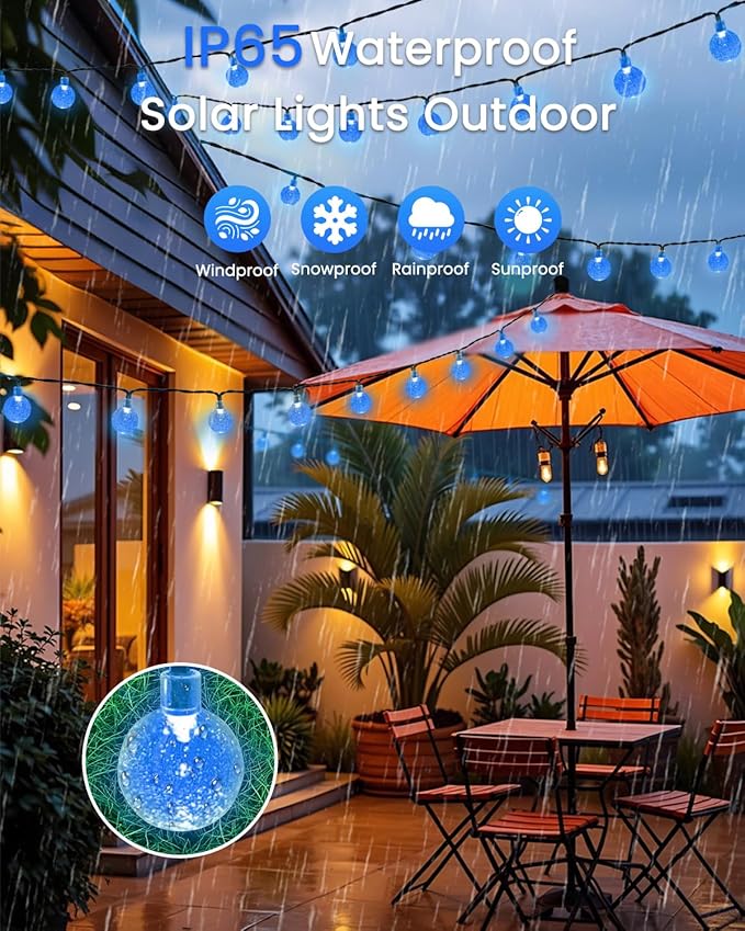 LORRYTE 2-Pack 120 LED Blue Solar String Lights Outdoor - 72FT Crystal Globe Waterproof Solar Powered Patio Lights for Outside with 8 Lighting Modes for Garden Yard Party Porch Decorations