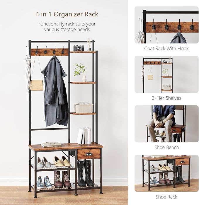 Furologee Coat Rack, Hall Tree with Bench and Shoe Storage, 4 in 1 Entryway Bench, Coat Rack with 3 Shelves and Drawer, Entryway Organizer with 5 Hooks for Hanging, Rustic Brown