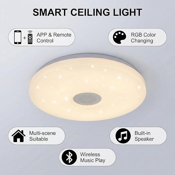 HANTANG RGB Ceiling Light with BT Speaker, 42W 14Inch Smart Music Lights Colorful Dimmable with APP and Remote Control, Color Changing Led Light Fixture Flush Mount for Bathroom Shower Bedroom