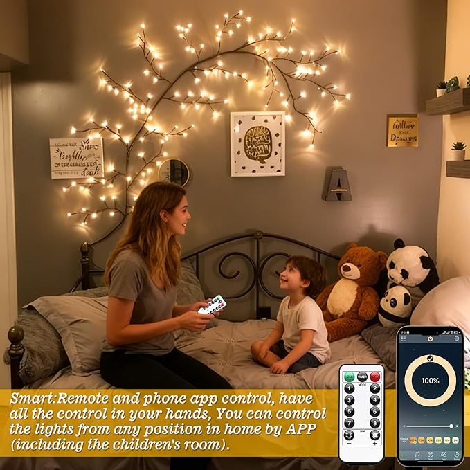 GOESWELL Smart Vine Light for Room Decor: 7.5ft 144 LEDs Music Timer Dimmable Fairy Tree Lights with Remote & App Control-Led Tree Branch Lights for Wall Mantel Corner Centerpieces Chritmas Halloween