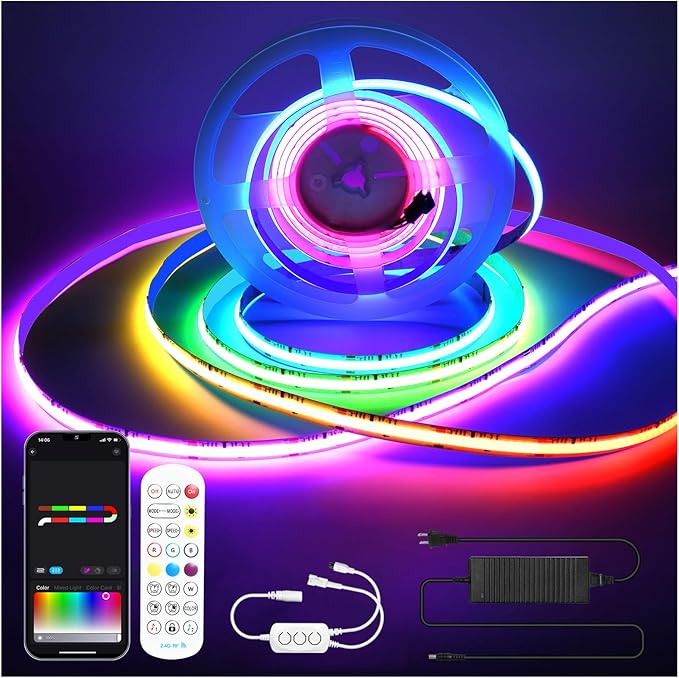 Addressable COB RGB+IC Led Strip Lights 24V, 10mm Width RGBW Multicolor COB Led Light Strip with Remote, APP Control, Music Sync, 784 LEDs/m,16.4FT Flexible Smart WiFi LED for Bedroom, TV Light