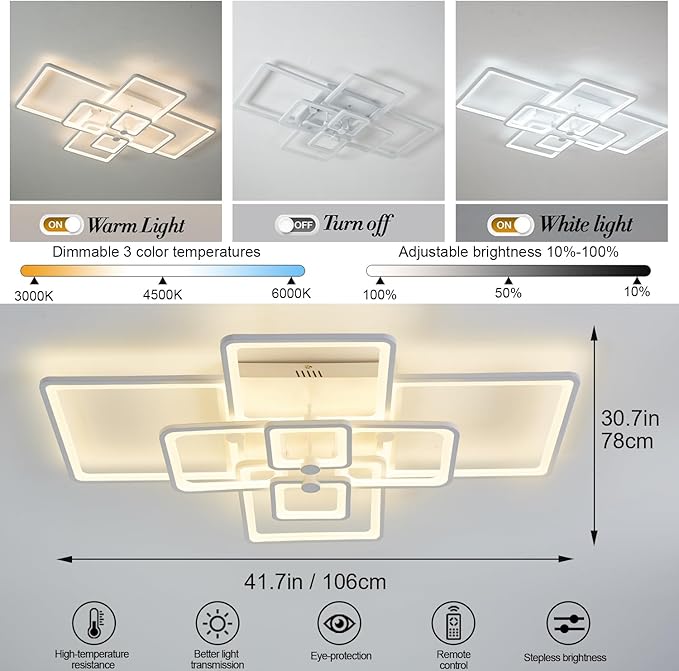 Modern LED Ceiling Light,41.7in White Modern LED Ceiling Light Dimmable for Living Room,8 Square Frame Acrylic with Remote Ceiling Lamps for Kitchen Bedroom Dining Room