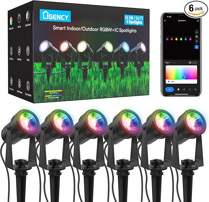 Ligency Smart Landscape Lights, Low Voltage Outdoor Spot Lights IP65 Waterproof Spotlights Compatible with APP/Voice/Alexa Control, RGBW Color Changing Spotlight for Yard Garden Patio Lawn, 6 Pack