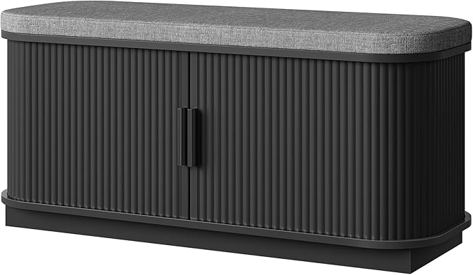 Shoe Storage Bench, Entryway Bench with Storage, Shoe Bench with Cushion and Sliding Door, Fluted Storage Bench, Entry Bench for Entryway, Hallway, Living Room, Bedroom, Black and Gray MHX02BB