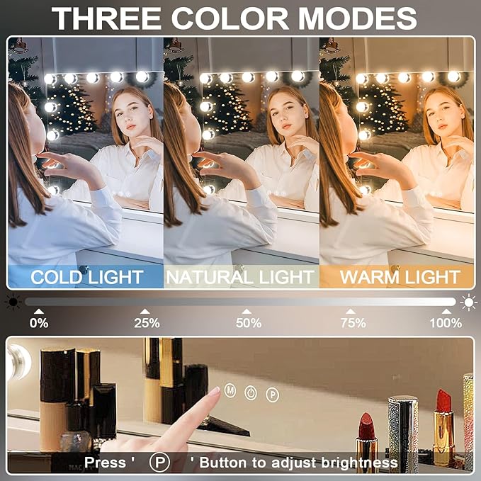 Kottova Vanity Mirror with Lights, 23"x18.1" Lighted Makeup Mirror with 15 Dimmable LED Bulbs, Hollywood Mirror with 3 Color Lightings, USB Charging Port Touch Control, Metal Frame,Plug in (White)
