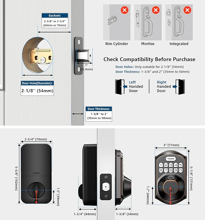TEEHO TE002 Fingerprint Door Lock - Keyless Entry Electronic Keypad Deadbolt with 2 Backup Keys - Auto Lock - Easy Installation - Smart Locks for Front Door - Oil-Rubbed Bronze