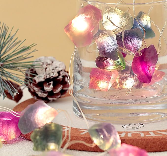 Nature Colorful Fluorite String Lights 6.5 FT 20 LED String Lights for Bedroom USB/Battery Operated Sea Glass Crystal Decor Perfect Decorative Lights for Bedroom Sea Glass Christmas Tree Kit