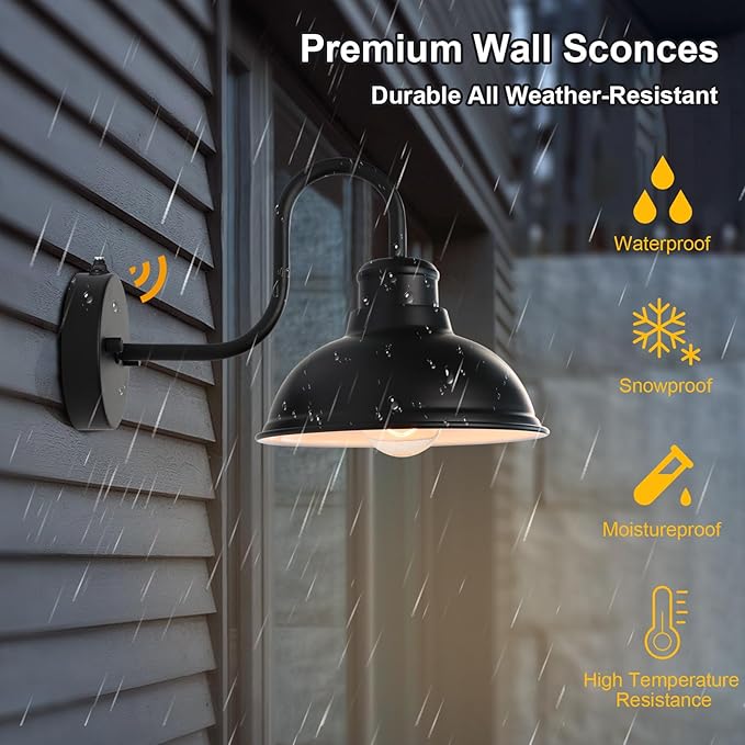 Dusk to Dawn Outdoor Wall Sconces, Exterior Farmhouse Gooseneck Barn Light, Vintage Matte Black Outside Wall Mount Light Fixture, Anti-Rust Waterproof Outdoor Light for Porch Garage