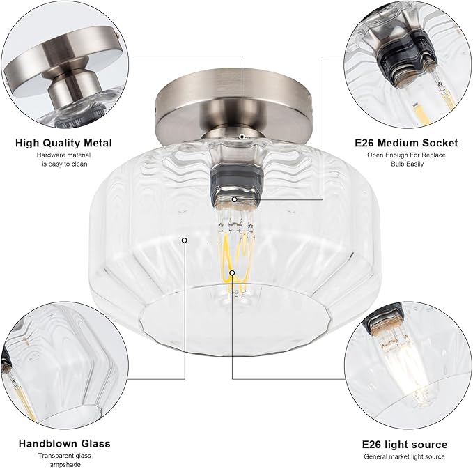 Tbaoinal Semi Flush Mount Ceiling Light with Diamond Glass Shade, 36-Faceted Panels Create Starburst Effect, 1200LM LED Bulb Included Brushed Nickel Ideal for Hallway Entryway Kitchen Bathroom