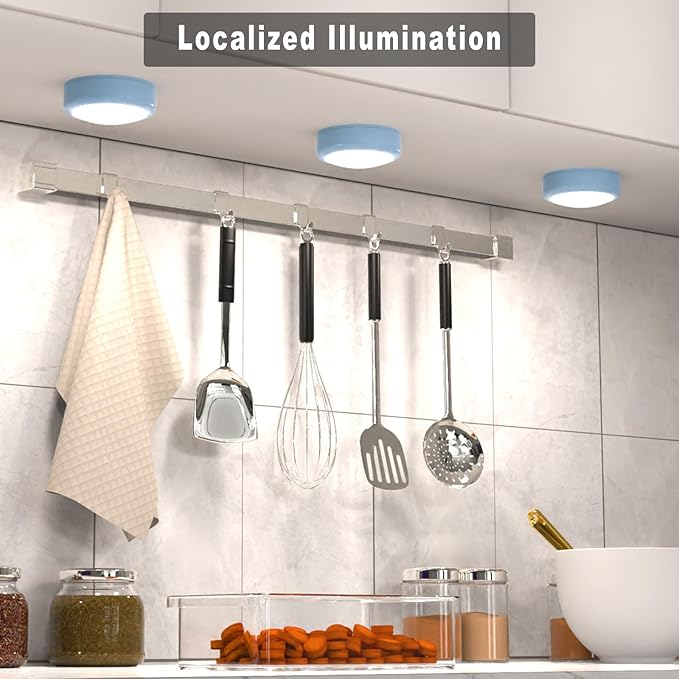 HELPLEX LED Puck Lights with Remote, 6 Pack Color Changing RGBW Stick-On Light, Battery Powered, Dimmable Under Cabinet Lighting with Timer & Memory, Wireless Push Lights for Kitchen & Closet, Blue