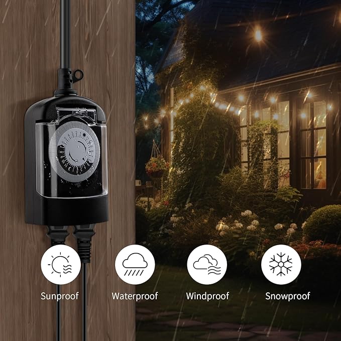 Outdoor Timer Outlet Waterproof, 24 Hour Mechanical Timer Outlet for Home and Garden, 2 Grounded, 15A 3/4HP, Black, 1 Pack
