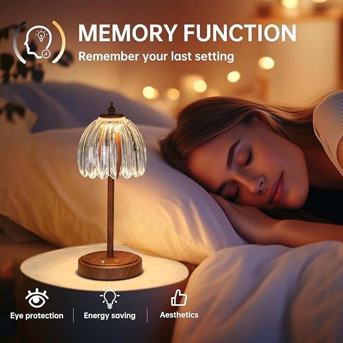 Tulip Table Lamp with 5200mAh Battery & Touch Control, Small Cordless Table Lamp with 3 Colors, Rechargeable Battery Operated Table Lamps for Bedroom, Desk, Bedside (Transparent-Walnut Color)