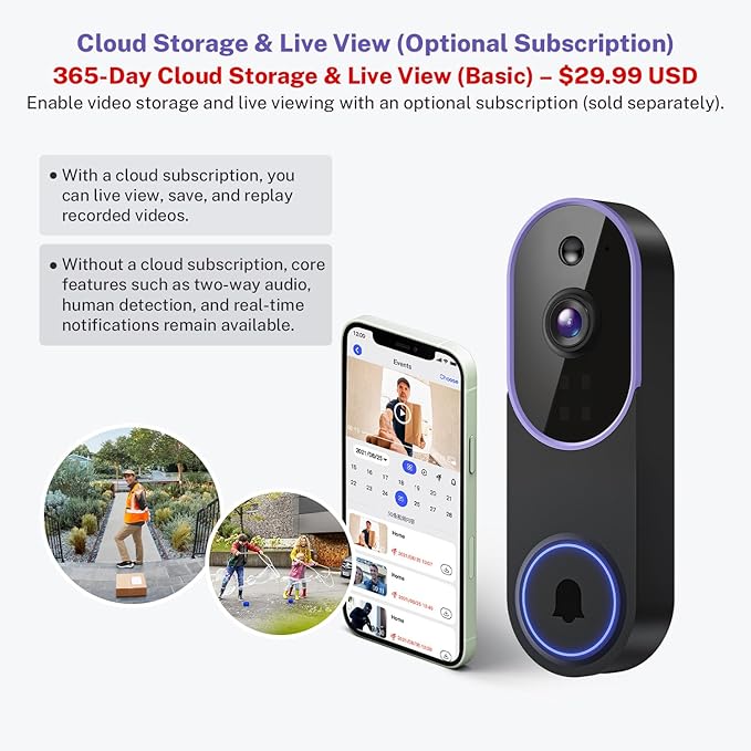 720P Indoor/Outdoor Battery Powered Smart Doorbell Security Camera, Night Vision, Motion Detection, Cloud Storage, 2-Way Audio, Home & Business Security Surveillance, 2.4GHz Wi-Fi（Excluding Receiver）