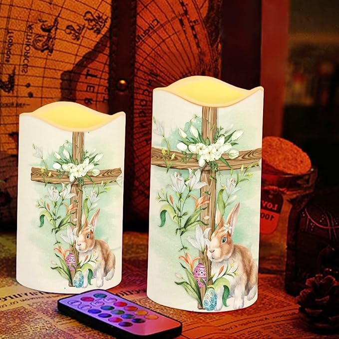 Easter Bunny and Ccoss Plastic Flameless Candles with Remote Control and Timer LED Flickering Battery Electric Pillar Candles for Table Easter Decoration