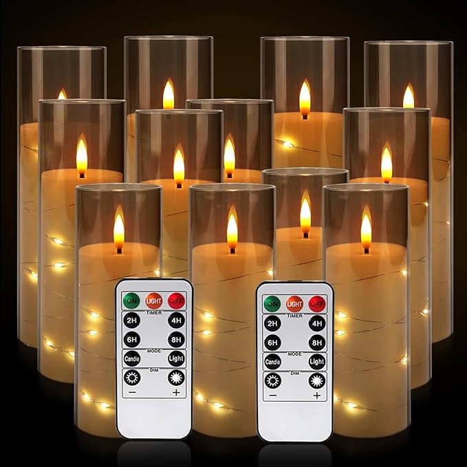 12-Pack Gray Acrylic Flameless LED Candles with Embedded String Lights - Remote Control for Holiday & Home Decor,Weeding.