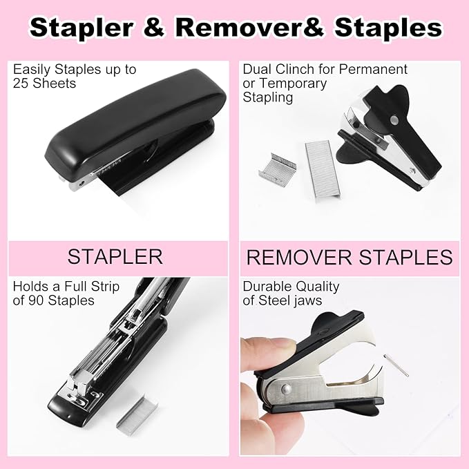 Black Desk Organizers and Accessories Set with 360-Degree Rotating Pen Holder, Tape Dispenser, Stapler, Staple Remover, 1000 Staples, Tape, Clips Set, Ruler, Scissor, Pen