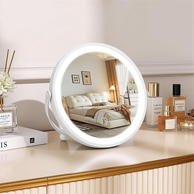 Travel Makeup Mirror, 8" Small Vanity Mirror with Lights, 1500mAH Battery, 3-Color Lighting, Dimmable, 360° Rotation, Round Portable Desk Mirror, Travel Essentials (White)