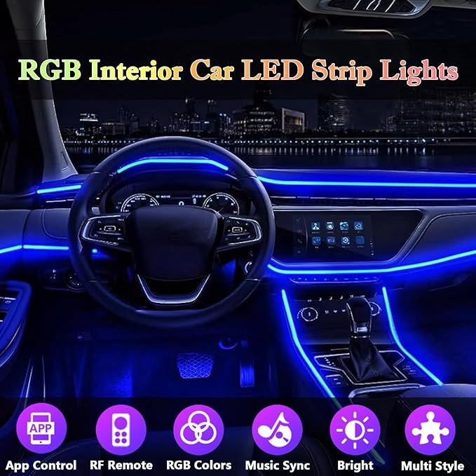 Interior Car LED Strip Lights, RGB 6 in 1 Ambient Lighting Kit with 315 inches Integrated Fiber Optic, 16 Million Colors Car Interior Lights with Wireless APP& Remote Control, Sync to Music