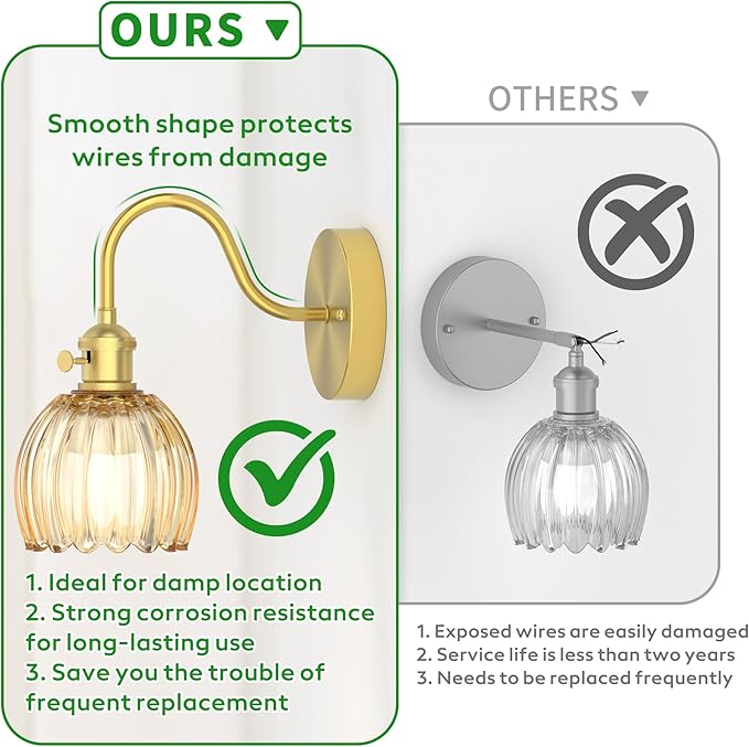 Wall Sconces Lights Lamp for Bedroom Bathroom, Modern Vanity Light Fixtures, Wall Mount Lighting Vintage Tulip Amber Glass Shade for Living Room Mirror Hallway Kitchen